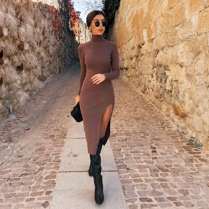 Women Long Sleeves High-Neck Elastic Midi Dress Fashion Elegant Chic Lady Knit Sweater Edgy midi dresses