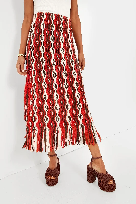 Red Drew Macrame Knit Skirt with Fringe Monochrome unclassified skirts