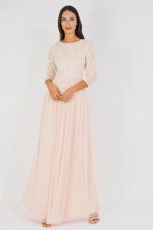 Belle Picasso Long Sleeve Maxi in Nude Halter maxi dresses