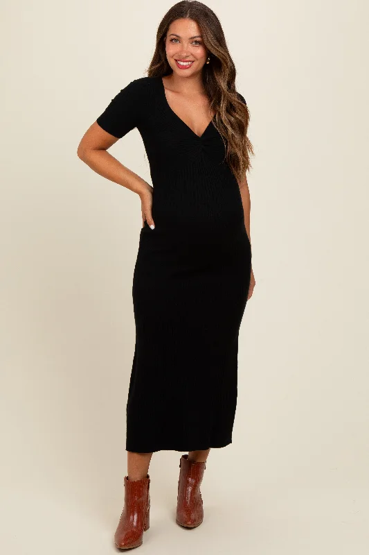 Black Knit Twisted V-Neck Maternity Maxi Dress Must-have maxi dresses for this season