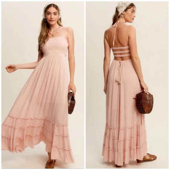 Blush Pink Forever Yours Tiered Woven Bohemian Maxi Summer Dress Women's Glamorous maxi dresses