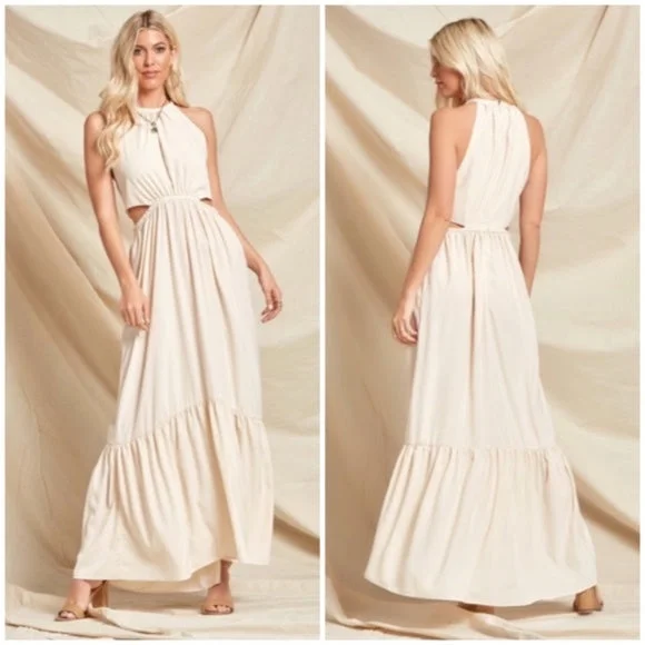 Bohemian Cream Solid Cut Out Waist Full Long Length Maxi Dress Women's Revolve maxi dresses