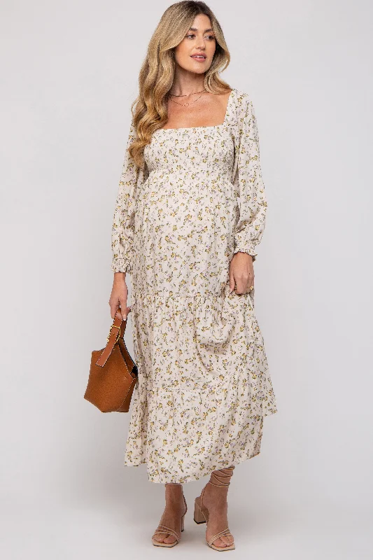 Cream Floral Smocked Long Sleeve Maternity Maxi Dress Designer maxi dresses