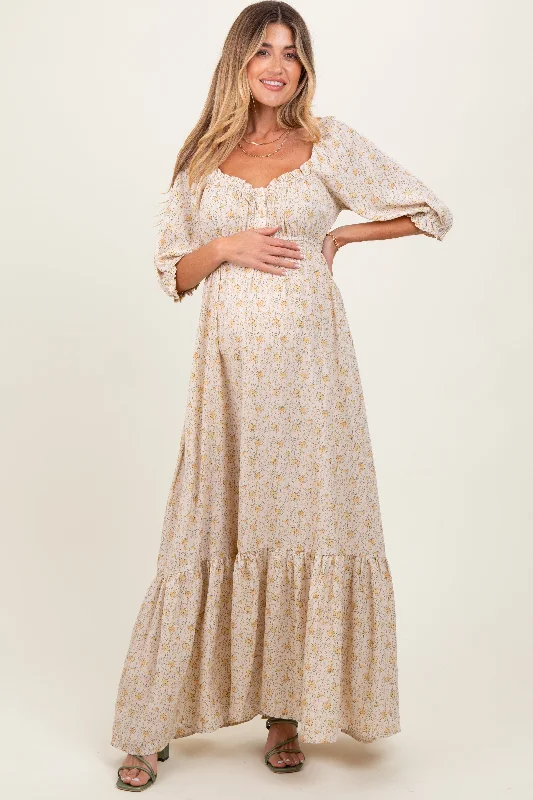 Cream Floral Sweetheart Neckline Maternity Maxi Dress Best maxi dresses for formal events