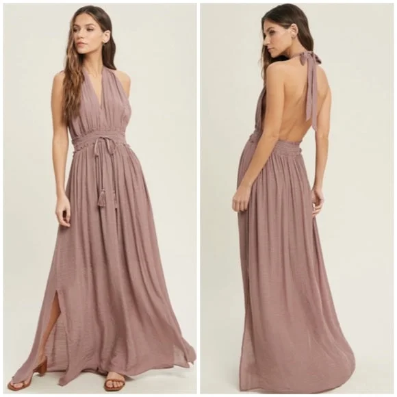 Dark Mauve Solid Halter Smocked Waist Maxi Casual Boho Dress w/ Side Slits ASOS maxi dresses