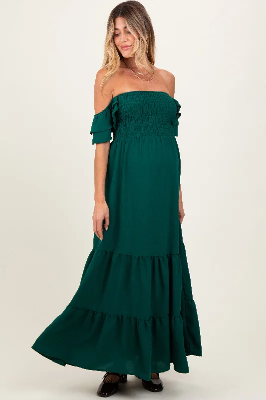 Hunter Green Smocked Ruffle Off Shoulder Tiered Maternity Maxi Dress Anniversary maxi dresses