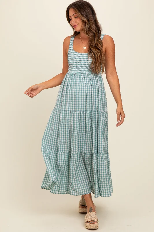 Light Blue Plaid Tiered Maternity Maxi Dress Red carpet maxi dresses