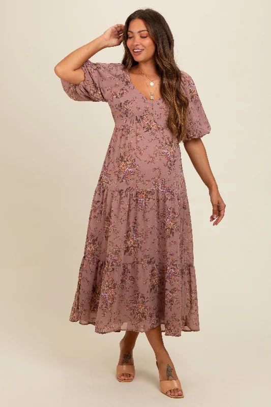 Mauve Floral Tiered Puff Sleeve Maternity Maxi Dress Budget-friendly maxi dresses