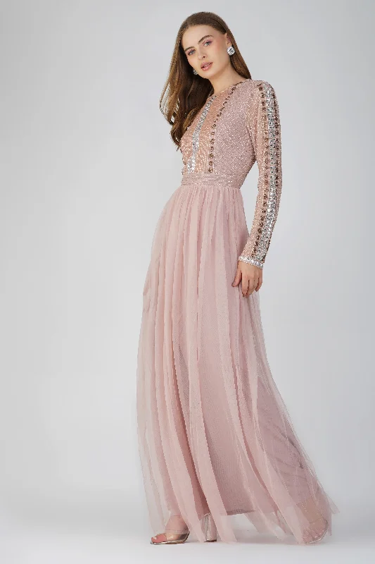 Melinda Long Sleeve Embellished Maxi Dress in Blush Pink Boho maxi dresses