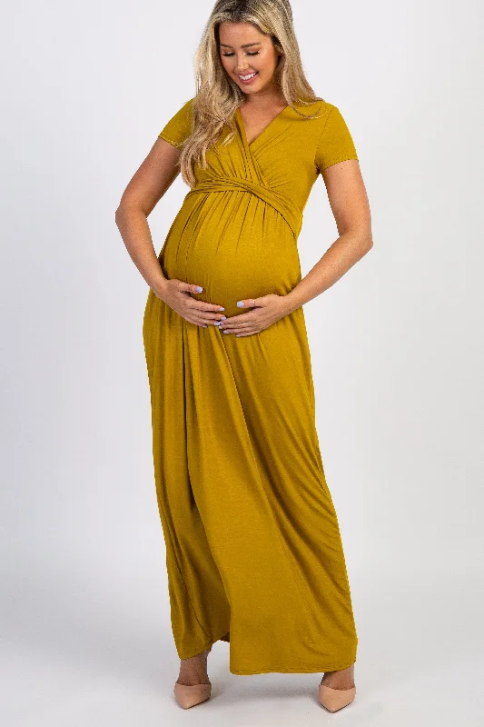 Mustard Draped Maternity/Nursing Maxi Dress Best maxi dresses for date night