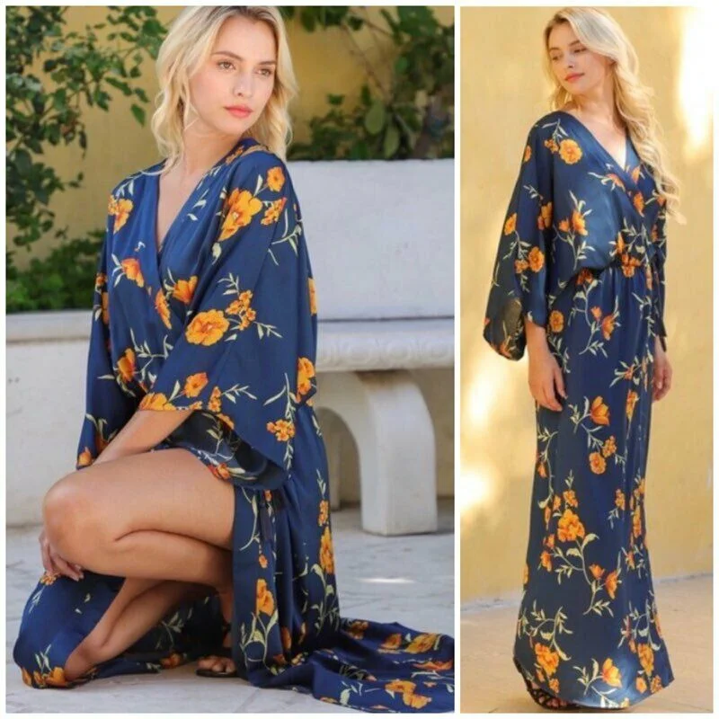 Navy Floral Kimono Tie Front Tassel Maxi Long Dress Womens Cocktail Party Sexy little black maxi dresses