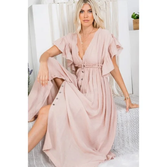 Nude Blush Gauze Boho Button Short Slv Deep V Woven Gathered Maxi Coverup Dress Summer party maxi dresses