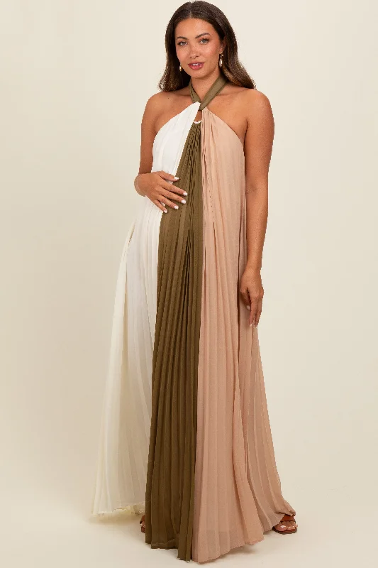 Olive Colorblock Pleated Halter Neck Maternity Maxi Dress High-end maxi dresses