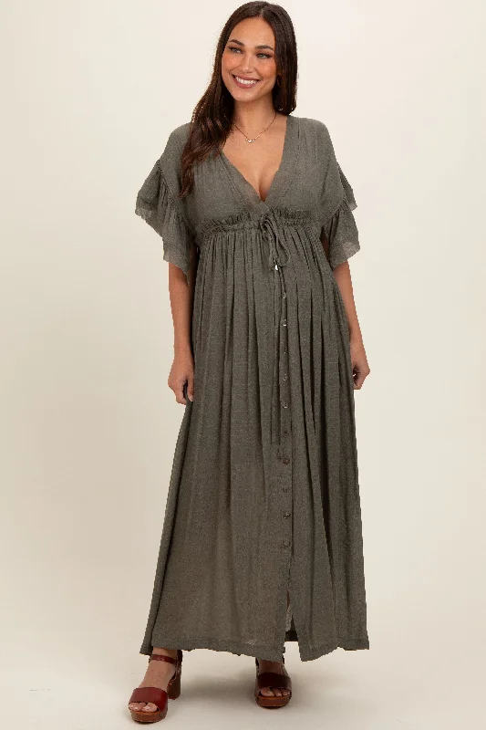 Olive Deep V-Neck Button Down Maternity Maxi Dress Fashion-forward maxi dresses