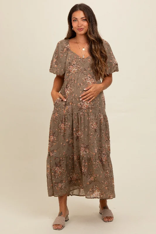 Olive Floral Tiered Puff Sleeve Maternity Maxi Dress Clubbing maxi dresses