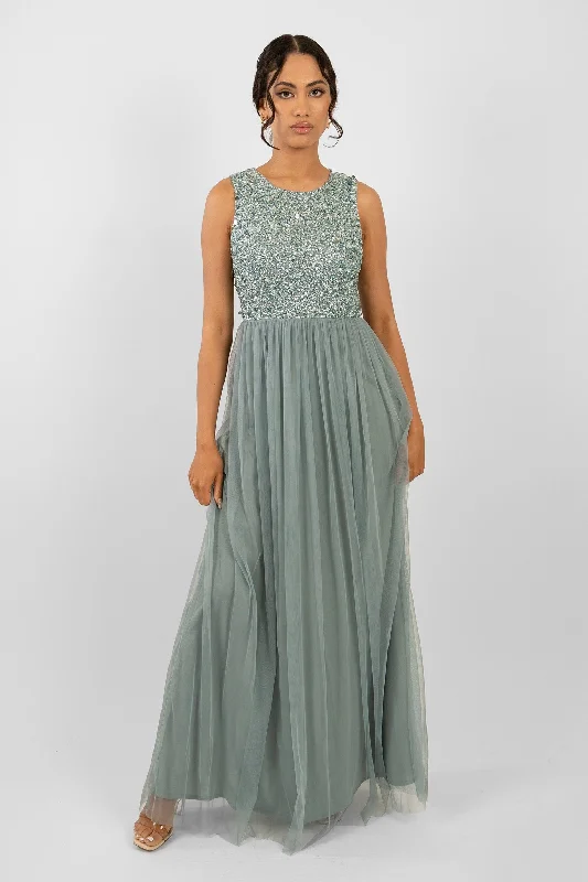 Picasso Teal Embellished Bridesmaid Maxi Dress Satin maxi dresses