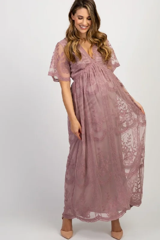 PinkBlush Mauve Lace Mesh Overlay Maternity Maxi Dress Luxury maxi dresses