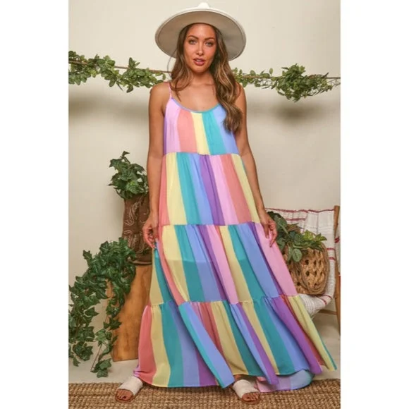 Rainbow Colorful Multi Color Bright Striped Tiered Tie Shoulder Maxi Dress Comfortable maxi dresses for everyday wear