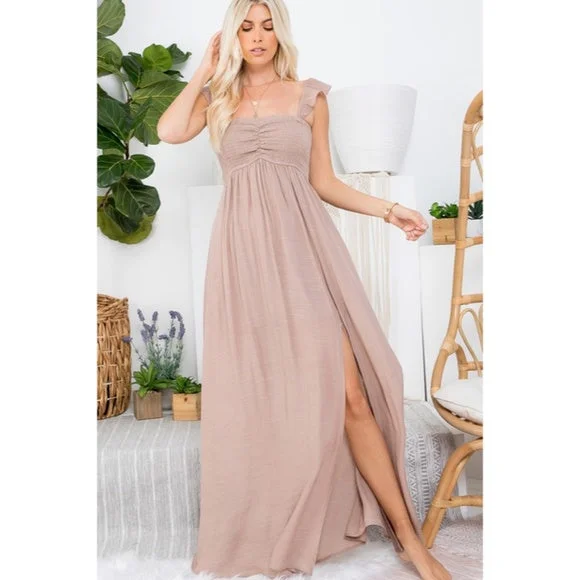 Sand Ruffle Sleeve Solid Smocked Long Full Length Relaxed Fit Maxi Casual Dress Ruffled maxi dresses