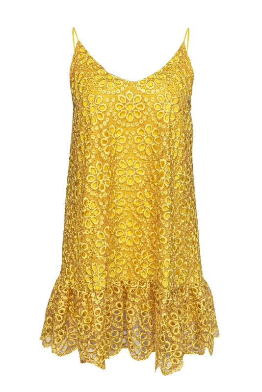 Alexis - Bright Yellow Eyelet Lace Dress w/ Flounce Hem Sz S Lace Dress Chic