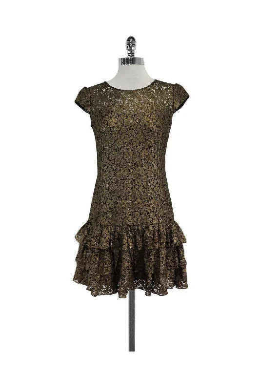 Cynthia Steffe - Gold & Black Lace Cap Sleeve Dress Sz 2 Lace Dress Style