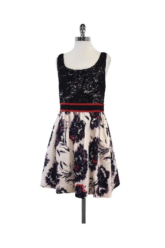 Peter Som - Black & Pink Print Lace Sleeveless Dress Sz 10 Tiered Lace Dress