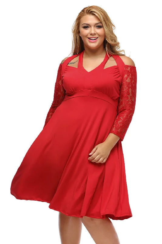 Sexy Red Alluring Lace Sleeve Swing Plus Dress Lace Overlay Dress