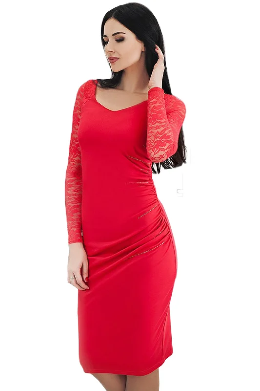 Sexy Red Black Lace Sleeve Embroidery Ruched Sheath Dress Lace Dress Glamorous