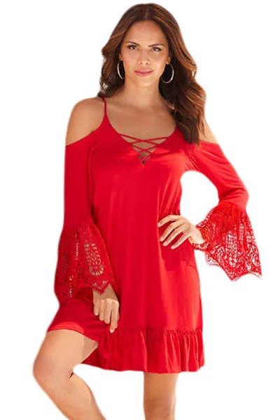 Sexy Red Boho Open Shoulder Lace Sleeve Dress Lace Mini Dress