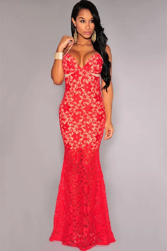 Sexy Red Lace Nude Illusion Crisscross Back Evening Dress Lace Dress for Women