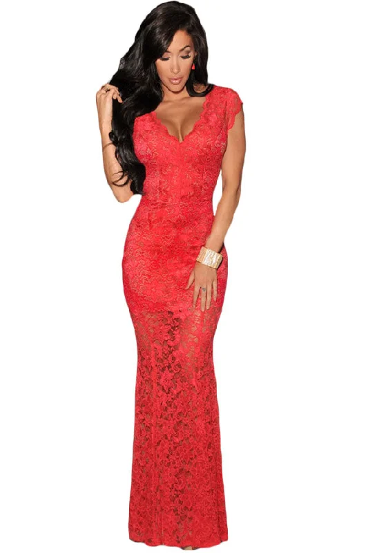 Sexy Red Lace Nude Illusion Low Back Evening Dress Lace Evening Gown