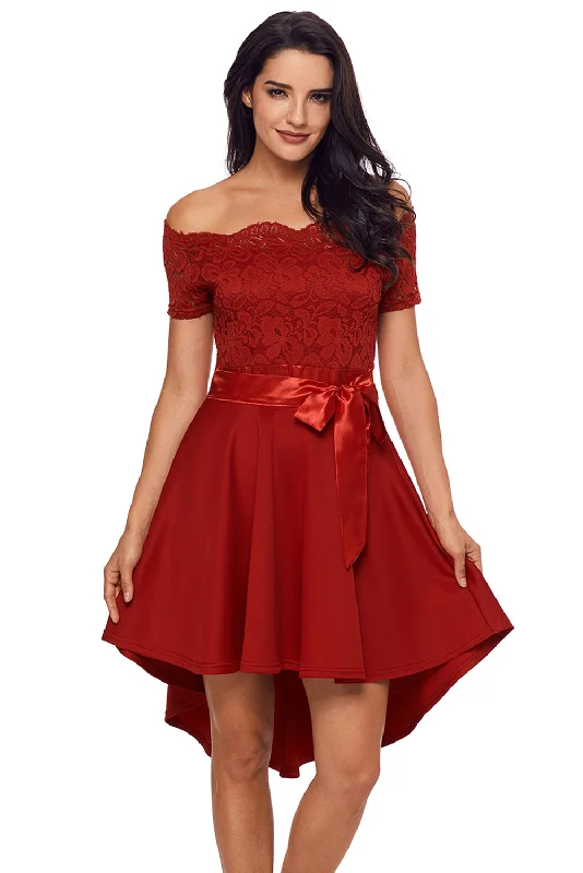 Sexy Red Lace Off Shoulder Dip Hem Prom Dress Full Lace Dress