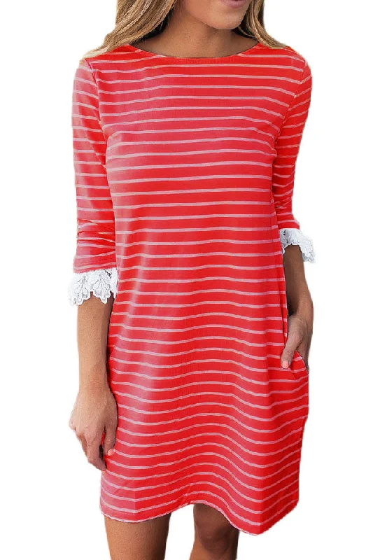 Sexy Red Striped Body Lace Cuffs Insert Casual Dress Lace Dress Trendy