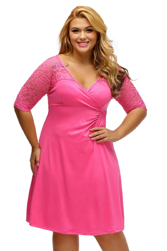 Sexy Rosy Lavish Lace Half Sleeves Plus Dress Lace Dress with Belt