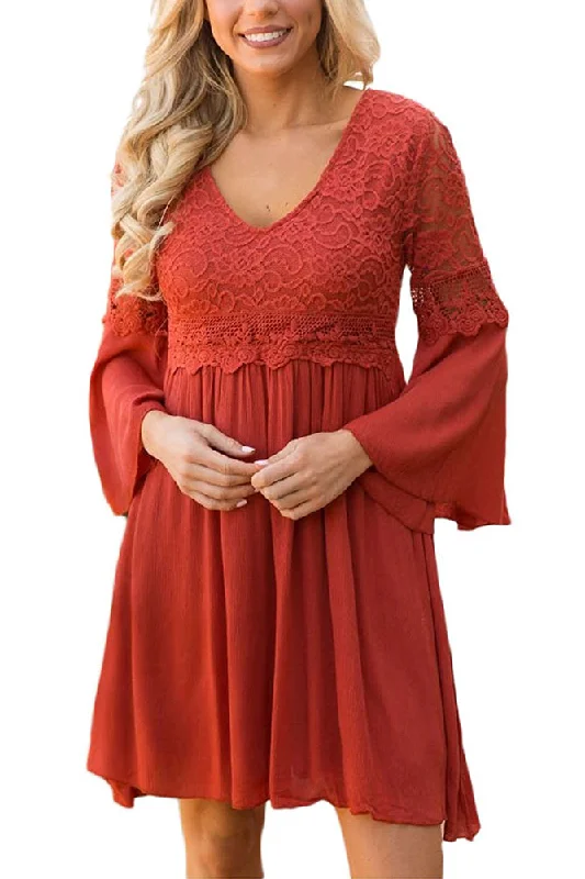 Sexy Rusty Red Dreamy Lace Top Elegant Swing Dress Lace Dress Fit