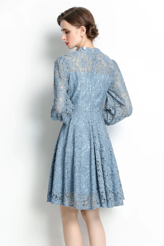 Blue Evening A-line Crewneck Long Sleeve Above Knee Lace Dress Maxi Skirt Party