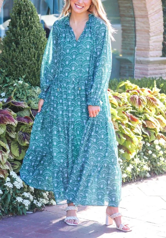 Norah Long Sleeve Maxi Dress in Green Stretch Maxi Skirt