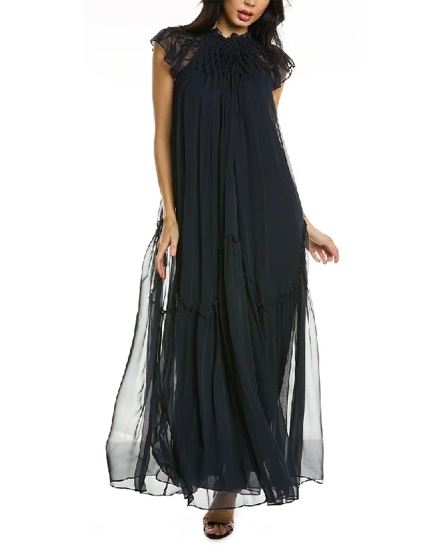 Rebecca Taylor Smocked Chiffon Silk Maxi Dress Sleek Maxi Skirt