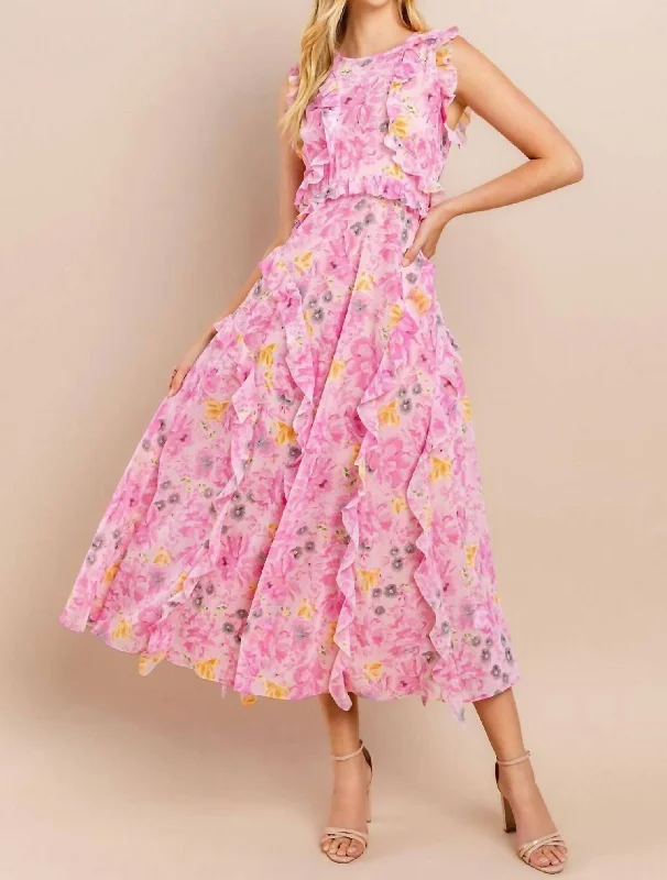 Floral Printed Midi Dress In Pink Elegant A-line Skirt