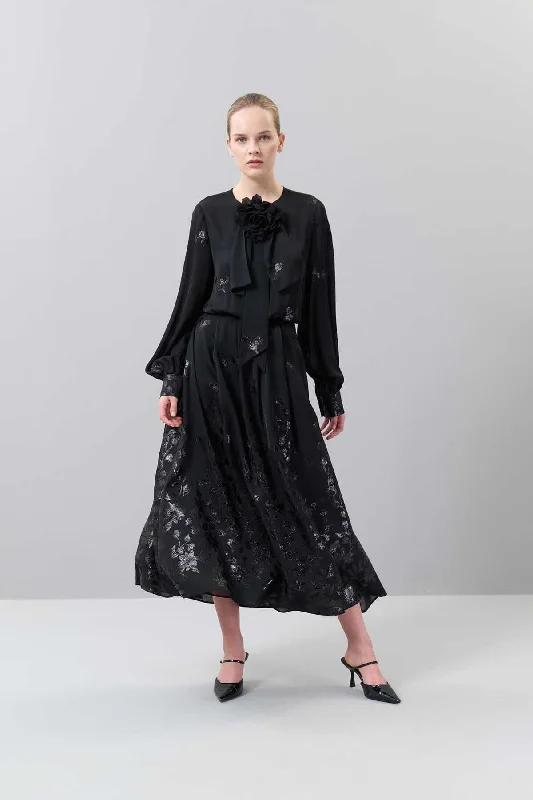 Midi Length Jacquard Dress Black with Removable Flower Brooch Tartan Midi Skirt