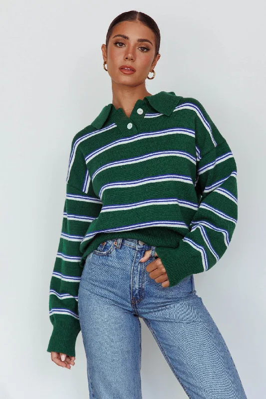 Boston Collared Knit Sweater Striped Forest Green Chic Knit Dress