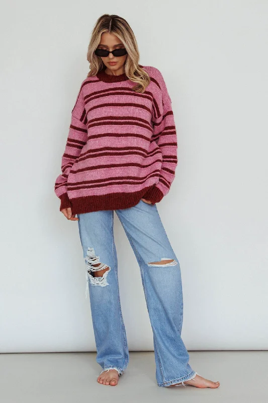 Jona Relaxed Knit Sweater Striped Pink Flared Sweater Dress