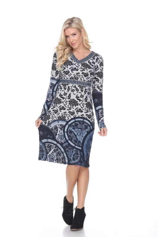 Naarah Embroidered Sweater Dress In Blue Sweater Dress with Belt