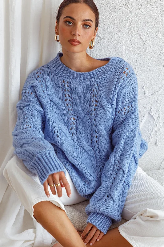 Nicola Long Sleeve Chunky Cable Knit Sweater Blue Loose Knit Sweater