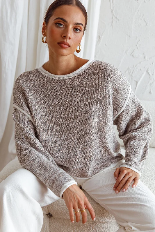 Sitting Pretty Drop Sleeve White Trim Knit Sweater Grey Casual Sweater Gown