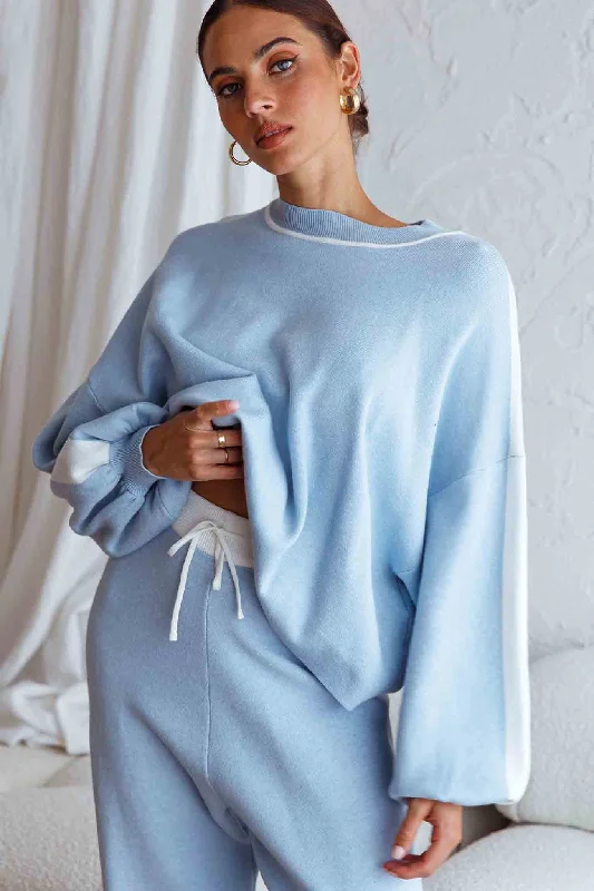 Take Me Back Balloon Sleeve Drop Shoulder Brushed Knit Sweater Blue Color Block Sweater