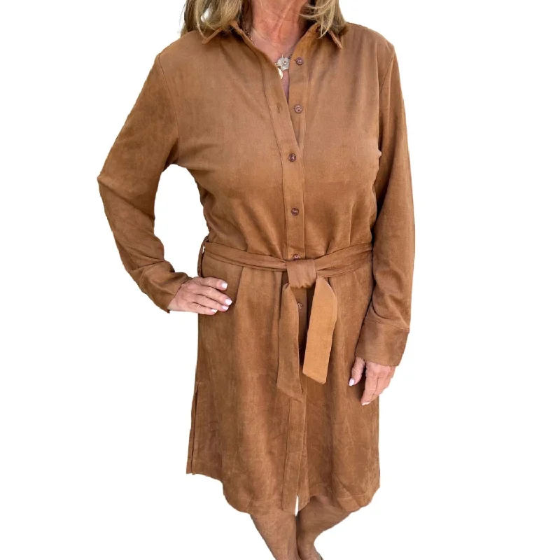 Faux Suede Shirt Dress In Cognac High-Waisted Shirt Dress