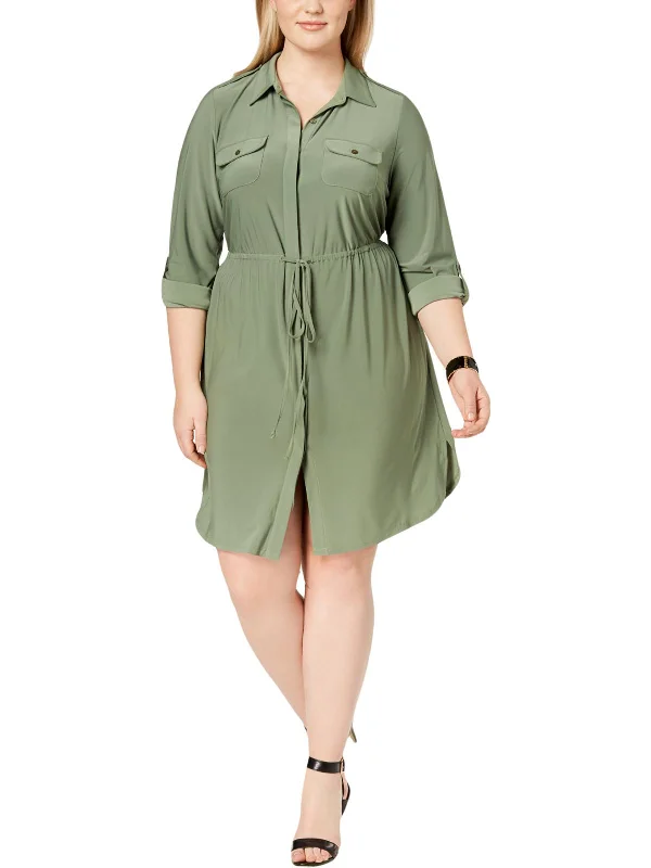 Plus Womens Adjustable Sleeves Button-Down Shirtdress Modern Button Shirt