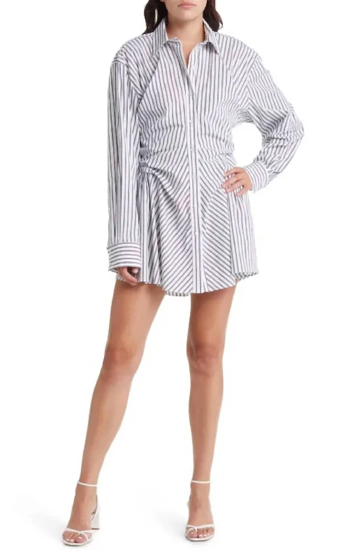 Striped Shirred Ruched Shirt Dress In White/black Casual Fit Shirt