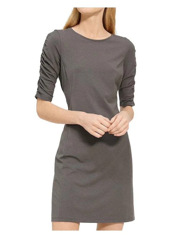 Womens Gathered Sleeve Crew Neck Shirtdress Elegant Shirt Dress